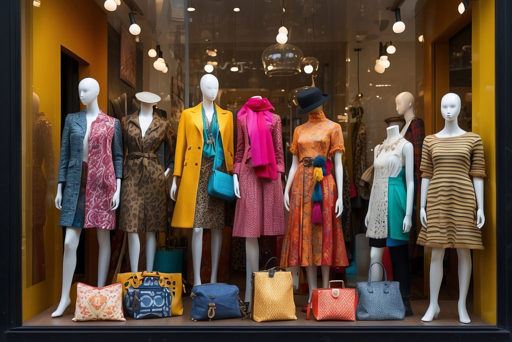 Retail window display of women’s apparel produced by Indian clothing manufacturers for global markets. A fashion retail window showcasing women’s apparel designed and produced by Indian clothing manufacturers, highlighting fabric variety, colour coordination, and export-ready garment finishing for international retail environments.
