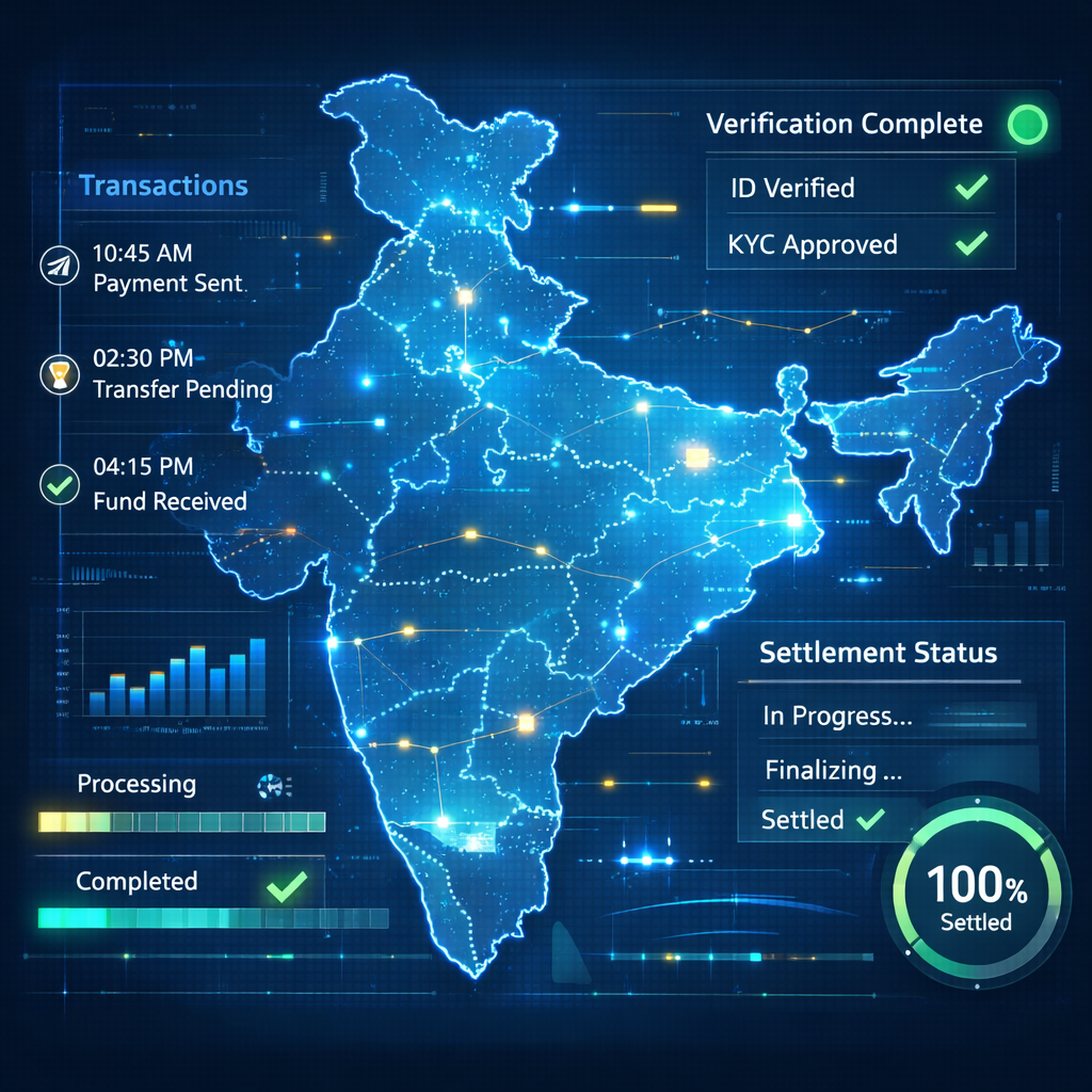 This visual represents India’s digital trade finance ecosystem, highlighting cross-border payments, real-time international payment settlement, KYC and compliance verification, API-led fintech platforms, and secure transaction processing that support Indian exporters, MSMEs, and global trade operations.