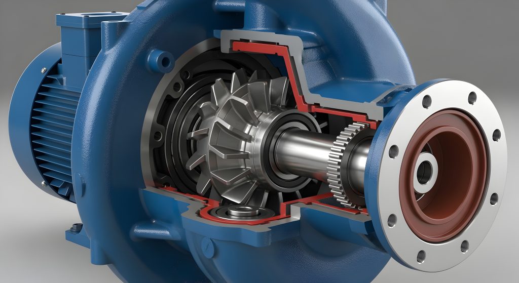 Cutaway view of centrifugal pump components highlighting engineered pump elements and internal pumping system parts. This cutaway illustration reveals internal pump components, including shafts, seals, gears, and bearings. These engineered pump elements work together as integrated pumping system parts, ensuring reliability, pressure stability, and efficient fluid movement across industrial operations.