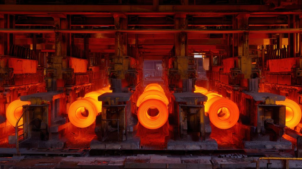 Hot rolled steel coils during sustainable steel production inside a rolling mill. This image captures hot rolled steel coils moving through downstream processing in a rolling mill. It highlights how sustainable steel production extends beyond primary metallurgy into rolling, finishing, and logistics, where energy efficiency, traceability, and compliance enable the delivery of low-carbon steel to global markets.