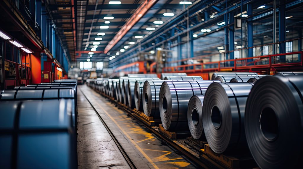 Steel coils inside a modern mill supporting sustainable steel production through low-carbon steel and green steel manufacturing processes. This image shows rolled steel coils inside an advanced steel mill, representing India’s shift toward sustainable steel production. By adopting low-carbon steel pathways, renewable energy integration, and green steel technologies, Indian producers are reducing emissions while meeting global demand for compliant, export-ready steel.