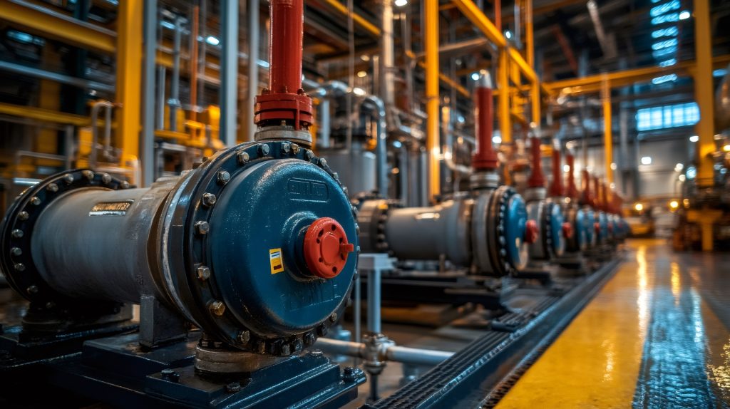 Industrial pump assemblies built from precision pump components for continuous operations. This image shows a heavy-duty industrial pump installed within a factory pipeline network, illustrating how engineered pump assemblies and precision pump components work together to manage fluid movement, pressure control, and operational reliability in industrial environments.