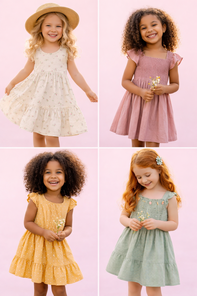 Girls wearing lightweight dresses sustainably sourced children’s wear collections. This image showcases girls’ dresses in soft tones and airy fabrics, illustrating how organic cotton can integrate into broader children’s apparel sourcing. The visual supports a design and sourcing approach where organic cotton clothing form the base layer, complemented by responsibly produced dresses and occasion wear for toddlers and young children.