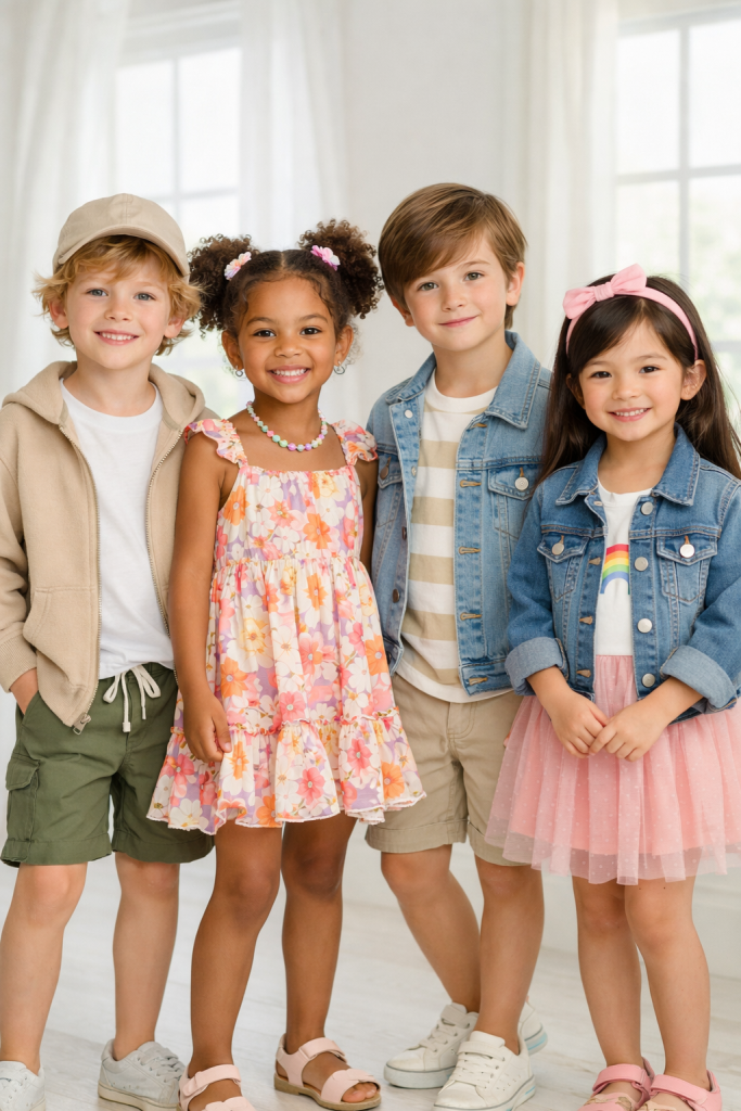 Children styled in casual outfits including dresses, jackets, and shorts. An outdoor setting featuring children in mixed casual styles, highlighting how organic cotton clothing are sourced as part of complete children’s wear assortments. The image reinforces a sourcing strategy that prioritises organic cotton materials while ensuring visual and functional alignment with outerwear, dresses, and playwear across seasons.