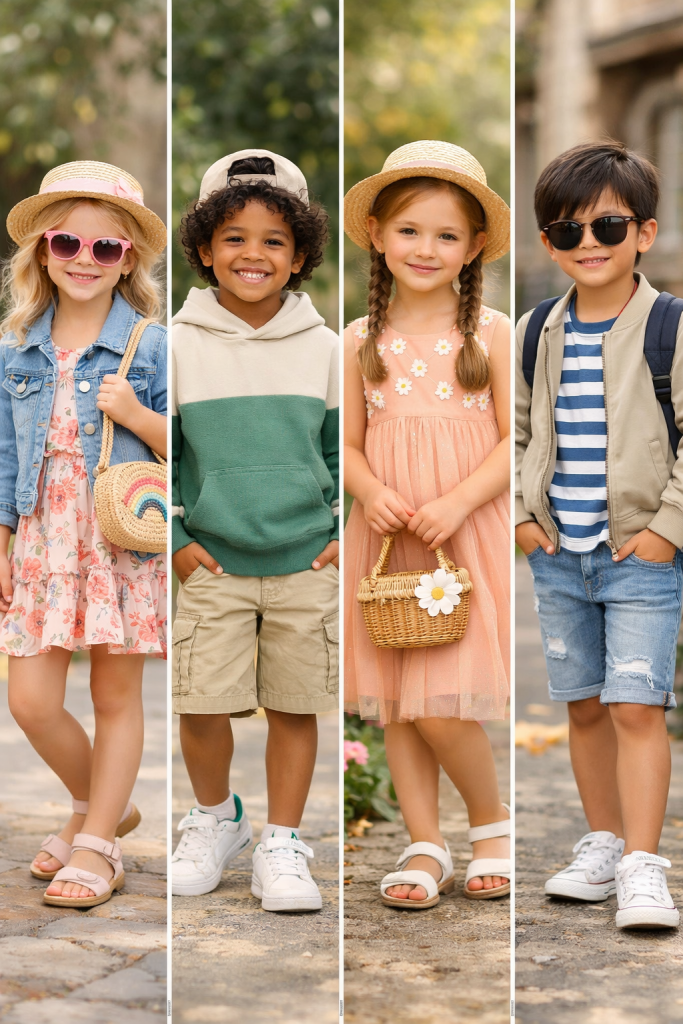 Children wearing coordinated outfits including dresses, denim layers, and basics that complement organic cotton onesies in a responsibly sourced kidswear collection. A group of children dressed in coordinated casual outfits that reflect how organic cotton onesies sit at the foundation of a wider kidswear range. The image supports a sourcing narrative where organic cotton onesies anchor collections that extend into dresses, layering pieces, and seasonal children’s wear produced with consistency and quality in mind.