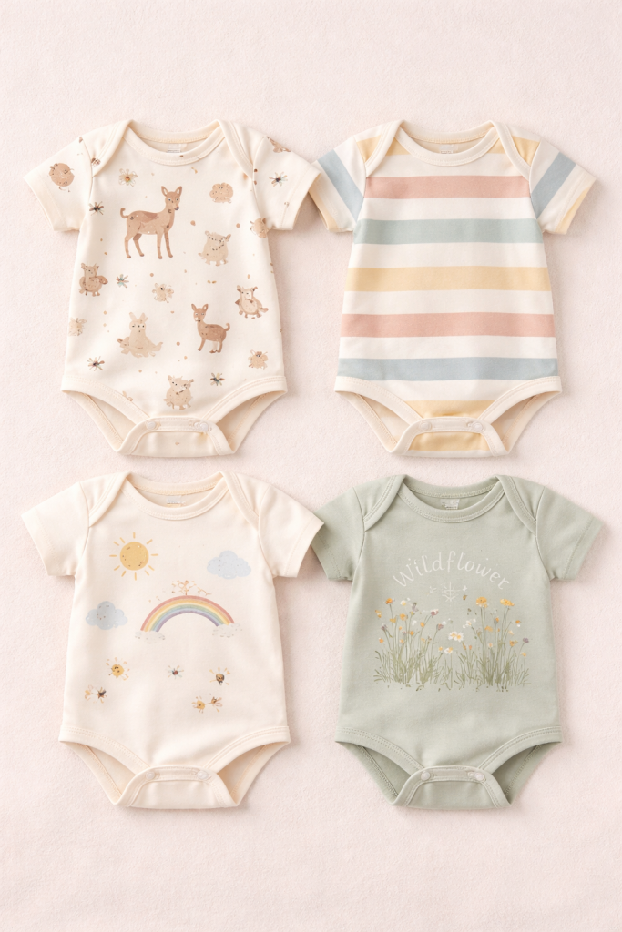 Set of organic cotton onesies with animal, stripe, rainbow, and floral prints displayed flat. A flat lay of four organic cotton onesies in soft pastel tones, featuring playful animal illustrations, gentle stripes, a rainbow motif, and botanical prints, representing breathable, skin-safe infant apparel made for sensitive newborn skin.