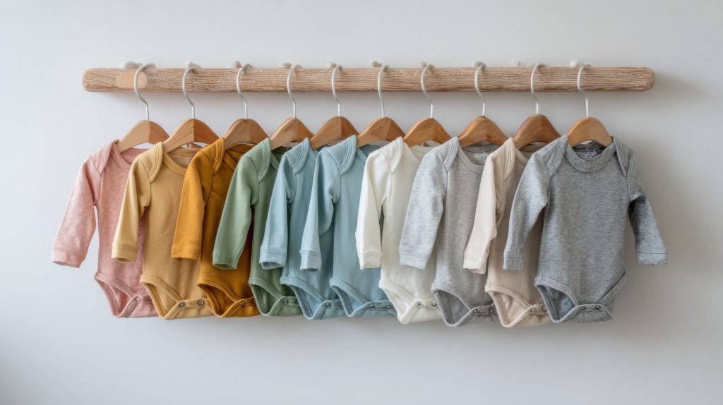 Organic baby onesie made by Indian clothing manufacturers using natural cotton. A minimalist baby onesie paired with raw cotton elements, emphasizing the use of natural fibers and responsible sourcing practices followed by Indian clothing manufacturers.