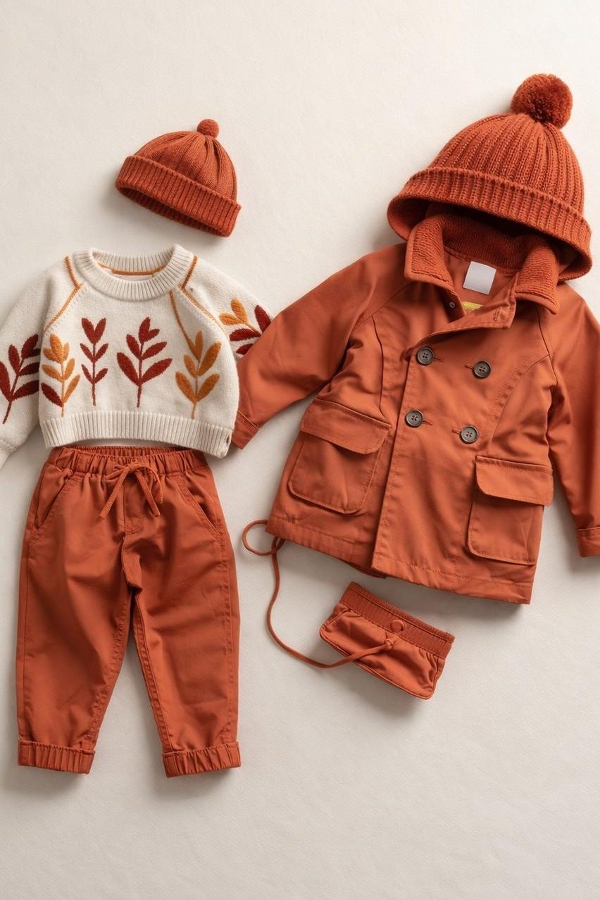 Autumn cotton coordinated infant outfits. A thoughtfully styled infant outfit featuring knitwear, outerwear, and accessories, demonstrating how organic cotton clothing support layered, seasonal product ranges.