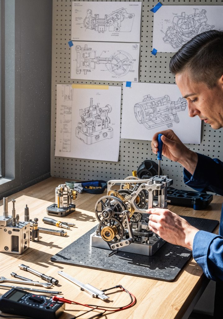 Engineer assembling precision mechanical components produced by casting manufacturers. This image shows an engineer assembling a complex mechanical unit using precision components produced by casting manufacturers. It reflects the downstream engineering, validation, and integration stages that connect foundry output with final industrial and OEM applications.