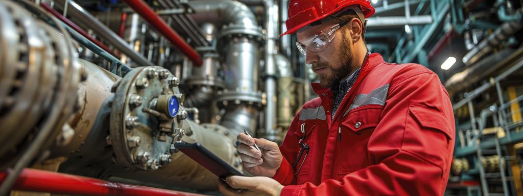 Industrial inspector reviewing pipeline equipment as part of supplier quality management procedures. The image shows a quality inspector examining pipeline assemblies inside an industrial facility, documenting findings as part of supplier quality management. This reflects structured oversight, compliance checks, and traceable inspection practices used to ensure supplier performance and operational reliability.