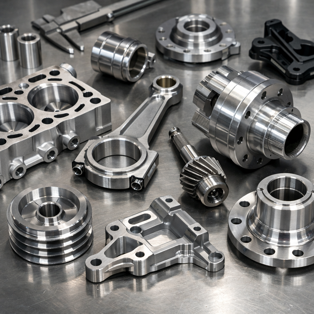 High-precision CNC-machined aluminum and steel components arranged on a metal surface.