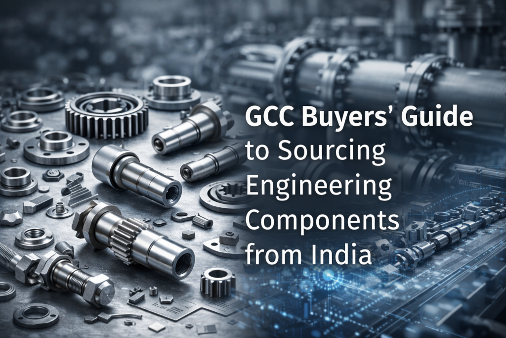 Industrial machinery components and precision-engineered metal parts displayed with text overlay about sourcing engineering components from India.
 