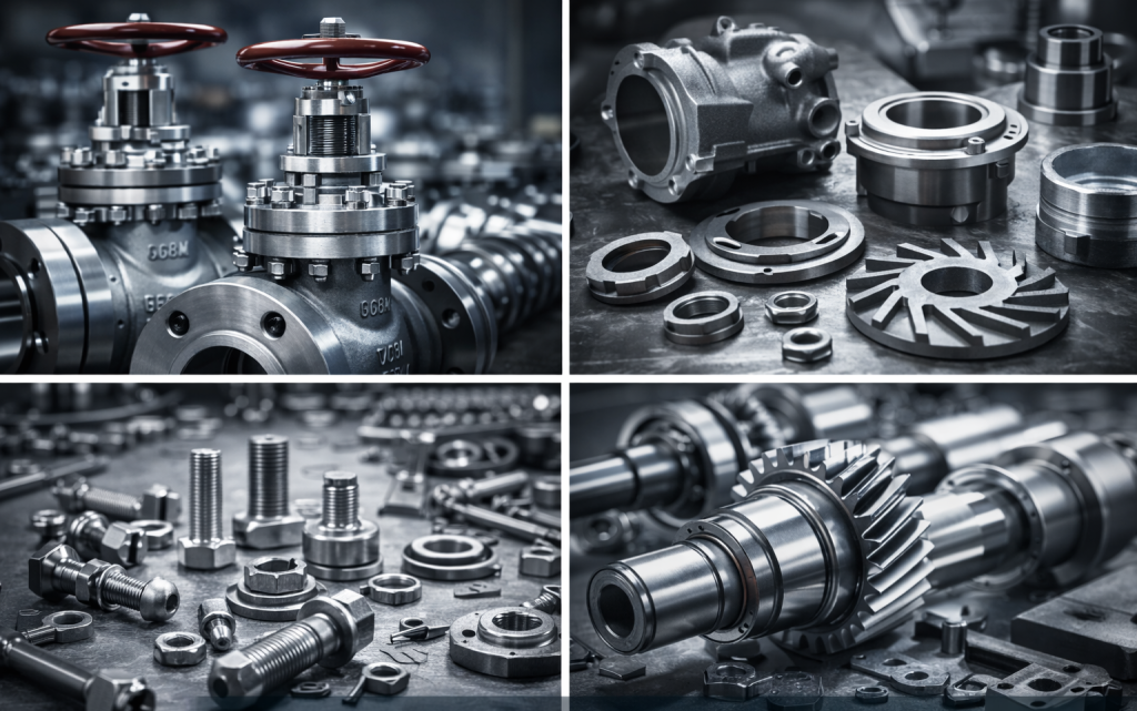Precision-engineered industrial valves and machined components displayed on a factory floor.
Assorted metal fasteners and precision components laid out on a machining table.
Machined steel gears and shafts arranged in an industrial manufacturing environment.
 