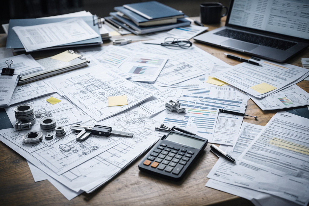 Procurement coordination workspace showing technical drawings, sourcing documents, schedules, and engineering papers spread across a desk with tools and a laptop.