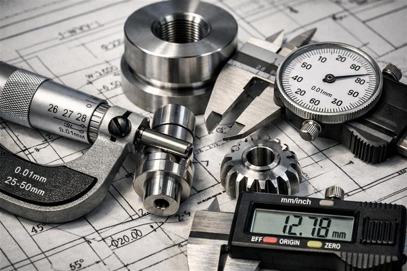 Calipers and a micrometer measuring custom machined metal parts placed on technical engineering blueprints.